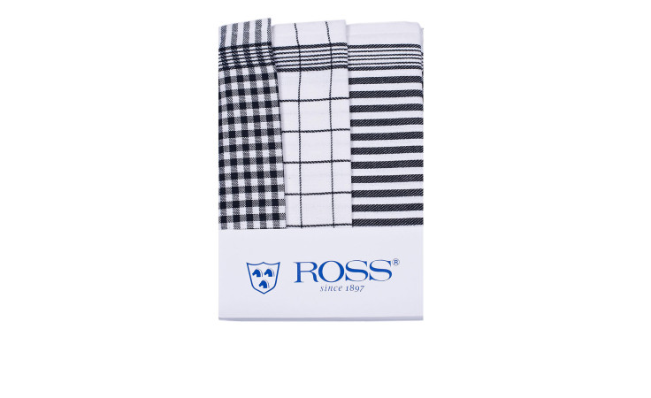 Ein 3er-Pack Ross Geschirrtücher (50x70 cm) mit karierten und karierten Motiven in schwarz-weiß.