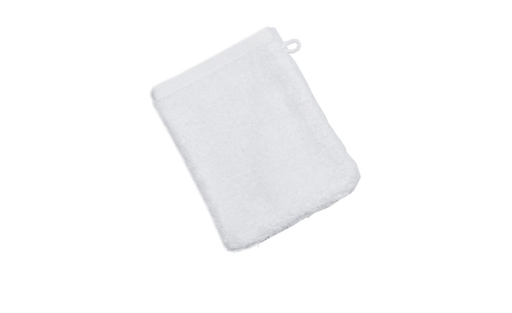 Ross Waschhandschuh Vita 16 x 21 cm: weißer Baumwolle-Frottee mit Schlaufe, auf weißem Hintergrund.