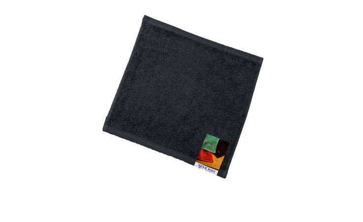 Ein gefaltetes schwarzes Ross Seiftuch Vita 30x30cm mit bunten Anhängern, dargestellt auf einem weißen Hintergrund.