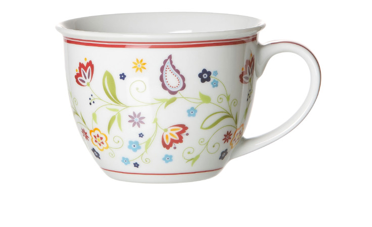 Jumbotasse Shanti 350 ml von Röhr mit roten, gelben und blauen Blumen und rotem Rand auf weißem Porzellan.