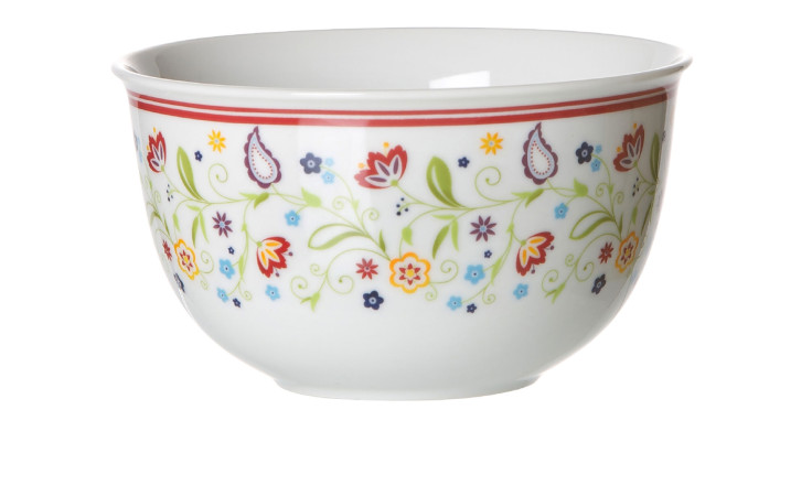 Die Müslischale Shanti 520 ml von Ritzenhoff & Breker zeichnet sich durch einen roten Rand und bunte florale Paisleymuster aus.