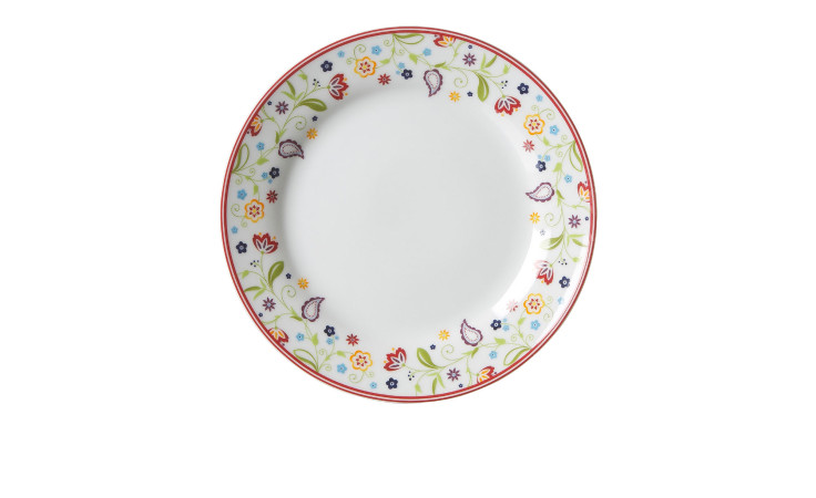 Der Ritzenhoff & Breker Dessertteller Shanti 20,5 cm zeigt Blumen- und Paisleymuster auf einem weißen Porzellanteller.