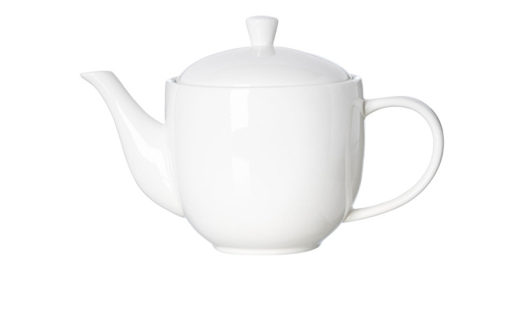 Die Ritzenhoff & Breker Teekanne Skagen 930ml verfügt über einen Deckel, einen Ausguss und einen Griff, abgebildet in Weiß.