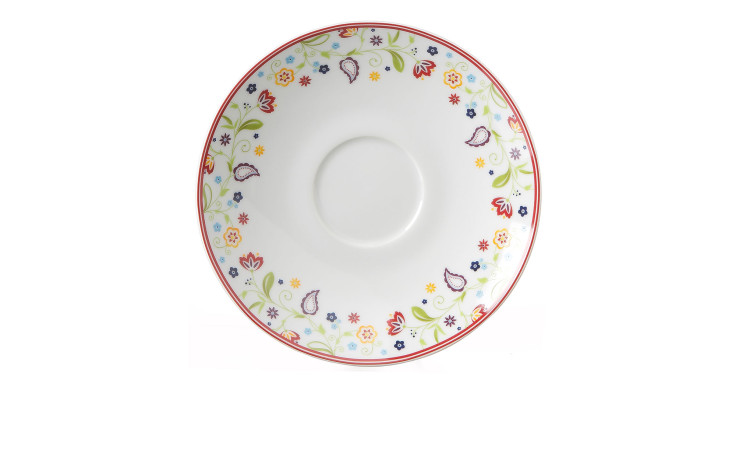 Kaffeeuntertasse Shanti 16 cm von Ritzenhoff & Breker: Weiß mit roten und floralen Mustern, kunstvoll gestaltet.