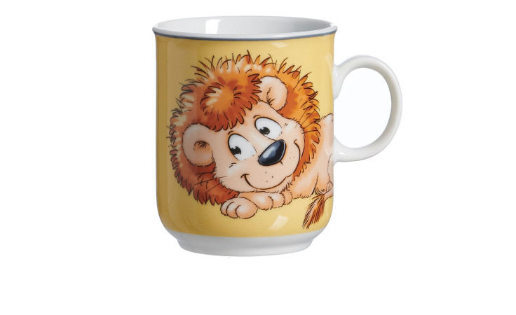 Der Becher Happy Zoo Leo 270 ml von Ritzenhoff & Breker ist ein gelber Becher mit einem Cartoon-Löwen und weißem Henkel.