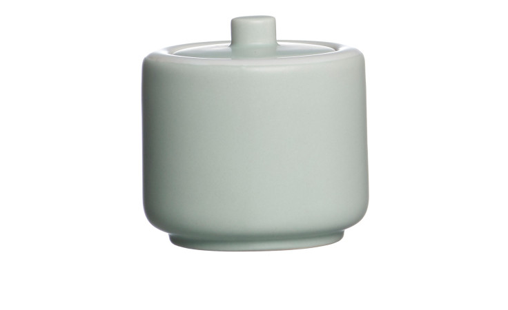 Zuckerdose Jasper von Ritzenhoff & Breker mit aufgesetztem Deckel, mintgrünes Steingut, isoliert auf weißem Hintergrund.