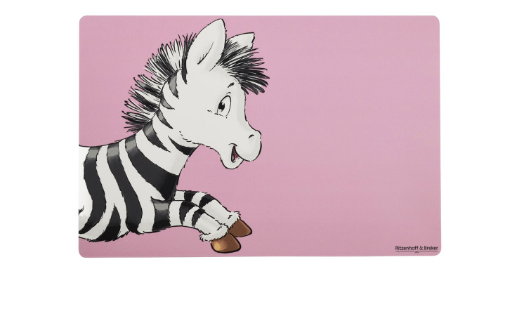 Platzmatte Happy Zoo Zoe von Ritzenhoff & Breker: verspieltes Zebra auf rosa, 30 x 45 cm, mit Blick nach rechts und lächelnd.