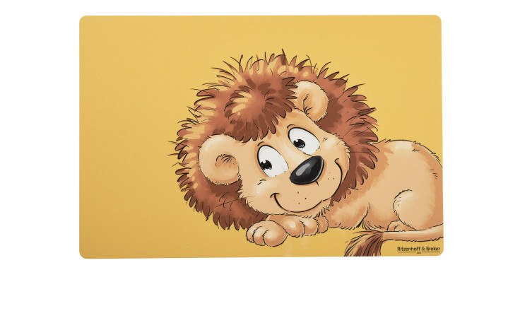Orangefarbenes Cartoon-Löwen-Tischset, 30x45 cm, Happy Zoo Leo von Ritzenhoff & Breker auf gelbem Hintergrund.