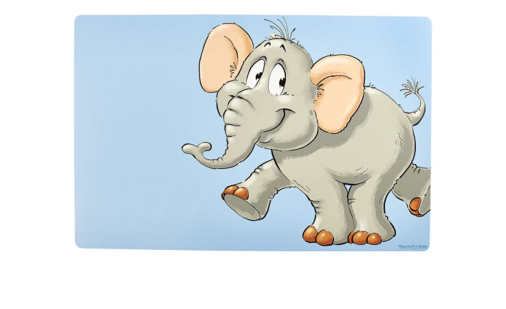 Ritzenhoff & Breker Platzmatte Happy Zoo Eddie: Cartoon-Elefant mit großen Ohren auf buntem und hellblauem Hintergrund.