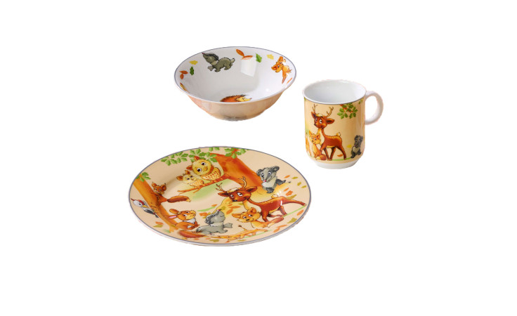 Ritzenhoff Kinderset Waldtiere 3tlg: Teller, Schale & Becher aus Porzellan mit Reh und Eule, mehrfarbig.