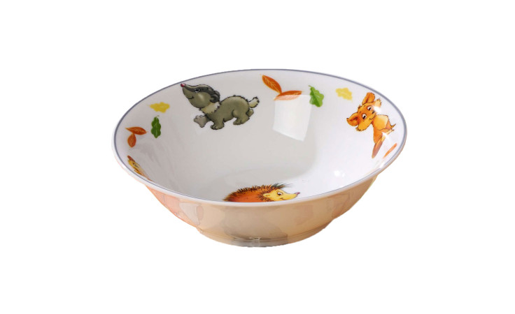 Ritzenhoff Müslischale Waldtiere: Porzellanschale mit bunten Tiermotiven wie Hund, Löwe & Elefant innen und außen.