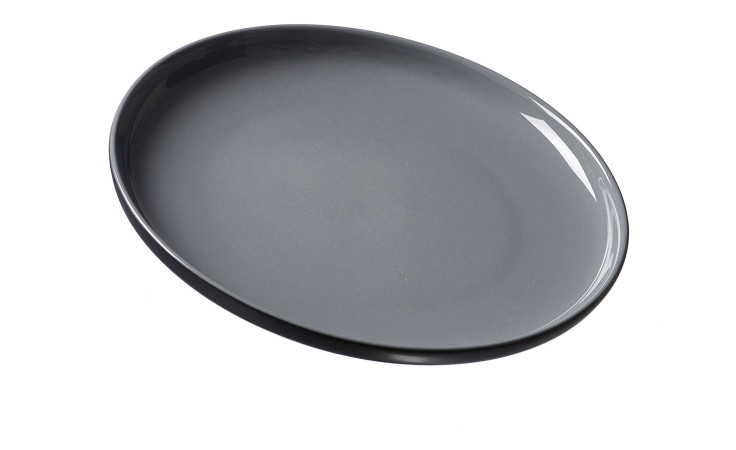 Ein glänzender, runder Dessertteller Jaspis 19 cm von Ritzenhoff & Breker in Grau-Schwarz auf weißem Grund.