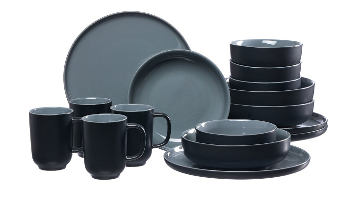Das Ritzenhoff & Breker Kombi-Service Jasper 16-tlg. Set in Dunkelblau und Grau enthält Teller, Schalen und Becher.