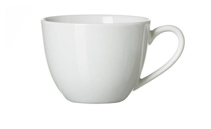 Cafe au Lait-Obere Bianco von Ritzenhoff aus weißem Porzellan, mit Henkel auf schlichtem Hintergrund.