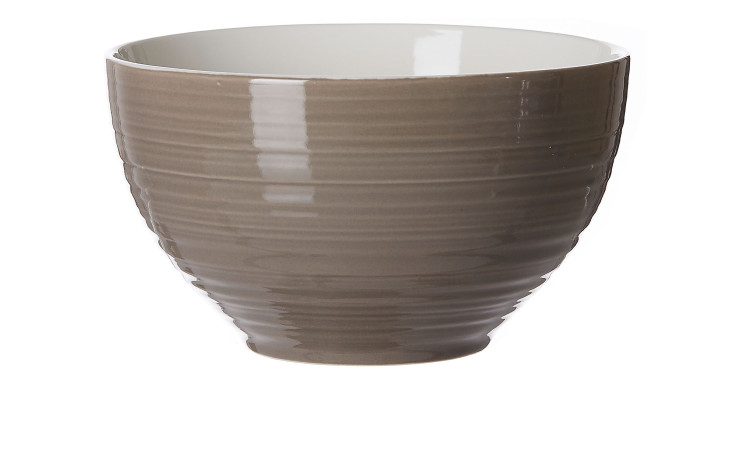 Die Müslischale Suomi 14 cm von Ritzenhoff & Breker, taupefarbene Glasur mit Rillen, auf weißem Grund.