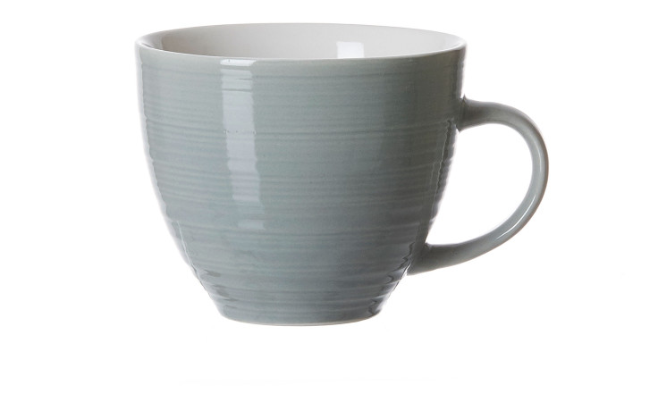 Die Ritzenhoff & Breker Kaffeetasse Suomi 230 ml in Grau-Blau mit Henkel, abgebildet auf einem schlichten weißen Hintergrund.