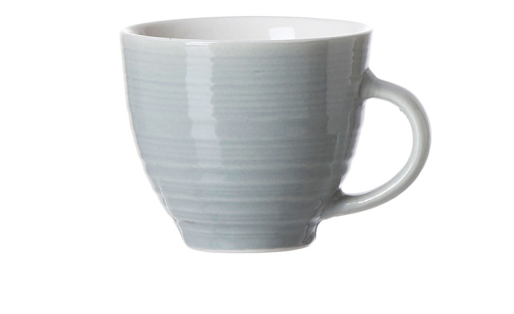 Die Ritzenhoff & Breker Espressotasse Suomi 80 ml ist ein hellgrau-blauer Becher mit Henkel auf weißem Grund.