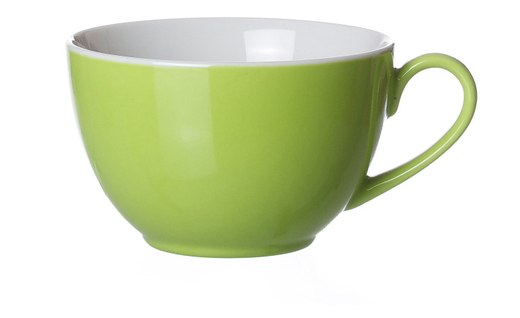 Eine große Kaffeetasse Doppio 180 ml von Ritzenhoff & Breker, grün, Porzellan, mit Henkel auf weißem Grund.