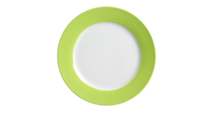 Der Ritzenhoff & Breker Dessertteller Doppio 21 cm ist ein runder Porzellanteller in Weiß mit einem hellen Rand in Grün.