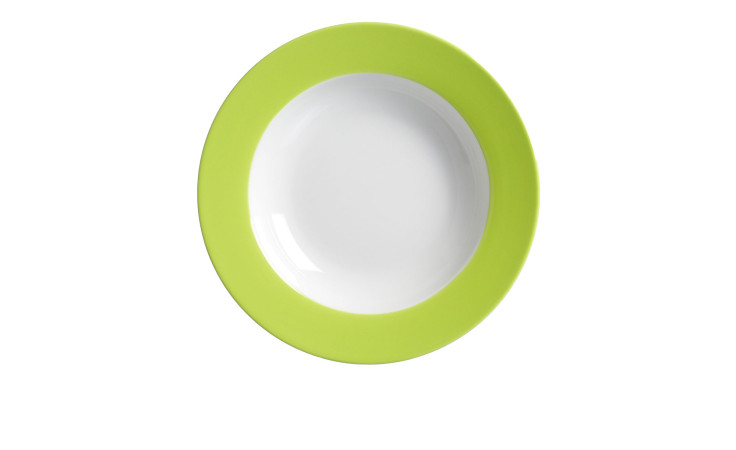 Der Suppenteller Doppio 22 cm von Ritzenhoff & Breker hat einen breiten grünen Rand auf weißem Porzellan.