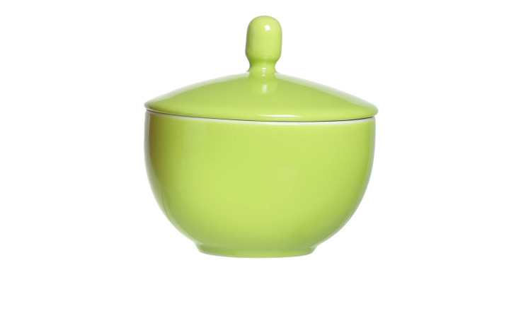 Die Zuckerdose Doppio von Ritzenhoff & Breker ist eine grüne Porzellanschale mit Deckel und Knauf, abgebildet auf weißem Grund.