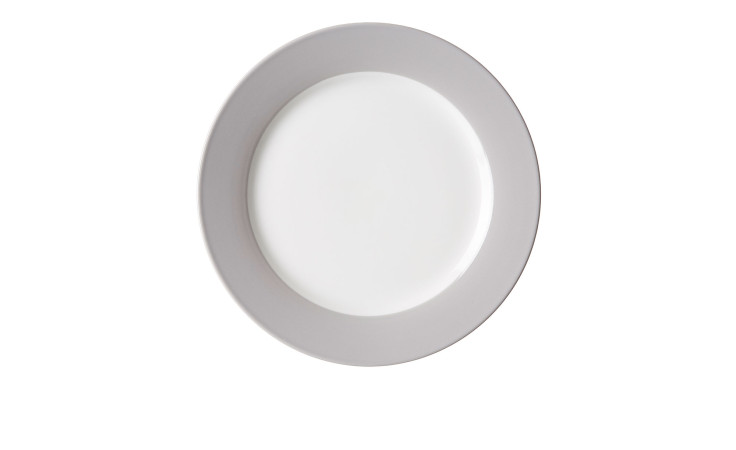 Der Ritzenhoff & Breker Speiseteller Doppio 27 cm ist ein runder Weiß Porzellan Teller mit einem breiten Grau Rand, abgebildet auf Weiß.