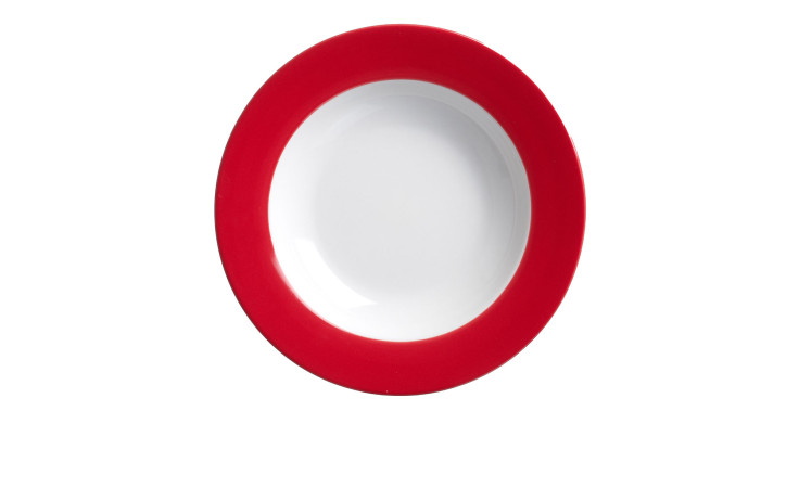 Der Suppenteller Doppio 22 cm von Ritzenhoff & Breker in Weiß mit leuchtendem Rotrand, von oben gesehen auf Weiß.