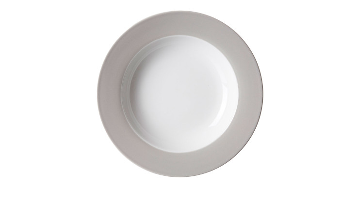 Ein runder, leerer Suppenteller Doppio 22 cm von Ritzenhoff & Breker mit hellgrauem Rand, von oben gesehen.