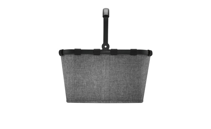 Reisenthel Einkaufskorb Carrybag in grauem Stoff mit stabilem Griff und Aluminiumrahmen, abgebildet von vorne auf weiß.
