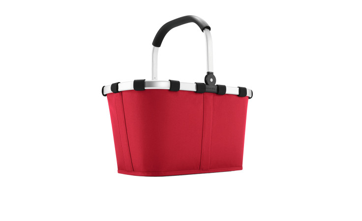Reisenthel Einkaufskorb Carrybag-roter Polyesterkorb mit schwarz-silbernem Aluminiumgriff, auf weißem Hintergrund.