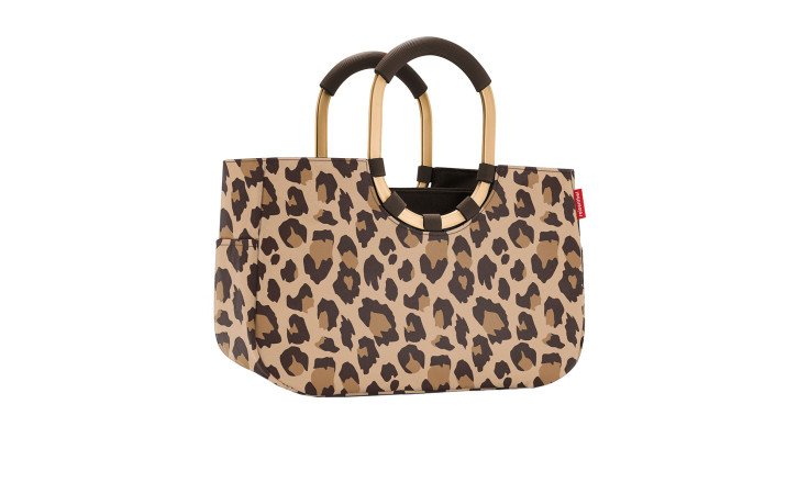 Reisenthel Einkaufstasche Loopshopper M, Leopard-Print, goldene & schwarze Henkel, recyceltes Polyestergewebe.