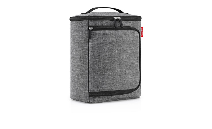 Die Reisenthel Kühltasche Coolerbox in Twist Silver Grau ist eine graue isolierte Lunch-Tasche mit schwarzem Reißverschluss und Fronttasche.