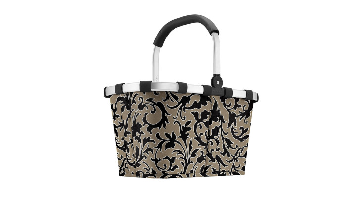Der Reisenthel Einkaufskorb Carrybag ist ein faltbarer Korb in schwarz/beigem Damast auf recyceltem Polyester mit schwarzem Griff.