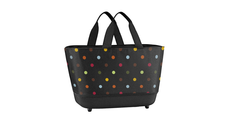 Der Reisenthel Einkaufskorb Shoppingbasket aus schwarzem Recycling-Polyester mit bunten Punkten in verschiedenen Größen.