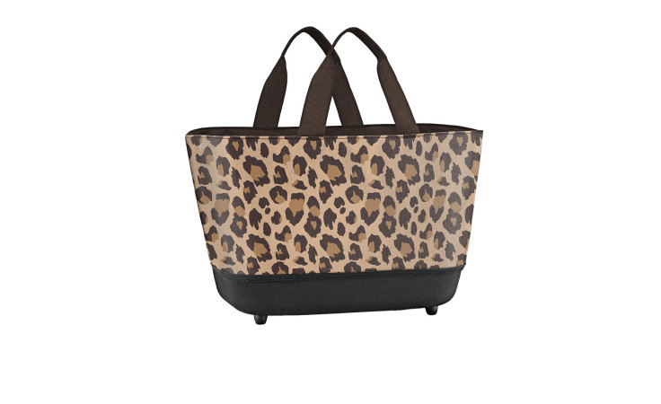 Reisenthel Einkaufskorb Shoppingbasket: Leopardendruck, recyceltes Polyester, schwarzer Boden & Griffe, kleine Standfüße.