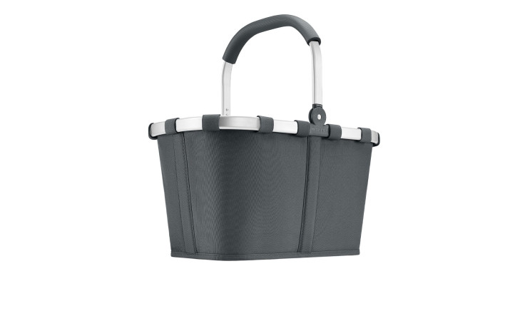 Reisenthel Einkaufskorb Carrybag MH Limited Edition, graues Polyester mit gebogenem Aluminiumgriff auf weißem Grund.