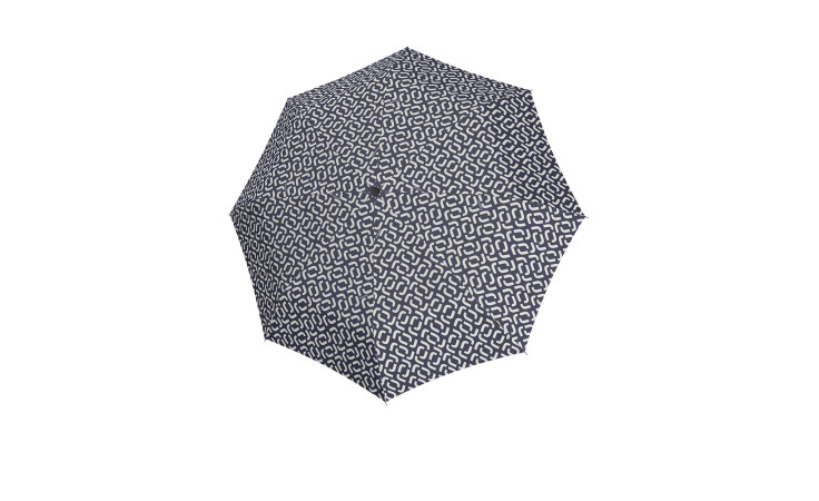 Der Reisenthel Regenschirm Umbrella Pocket Classic zeigt einen weißen geometrischen Druck auf recyceltem Polyester, vollständig geöffnet.