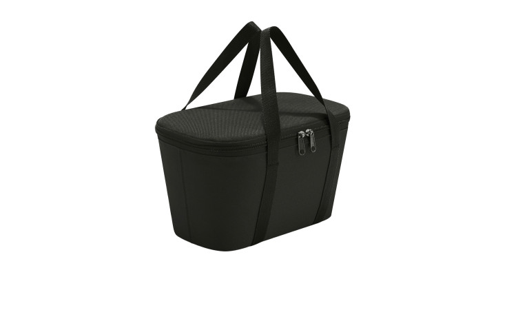Die Kühltasche Coolerbag XS von Reisenthel ist eine schwarze Isoliertasche mit zwei Griffen und Reißverschluss, hergestellt aus recyceltem Polyester.