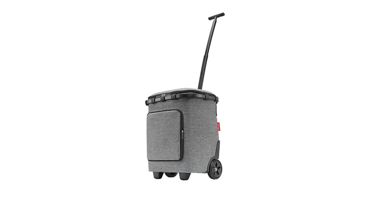 Der Reisenthel Einkaufstrolley Carrycruiser Plus verfügt über kugelgelagerte Räder, einen schwarzen Griff, eine Vordertasche und recyceltes Polyester.