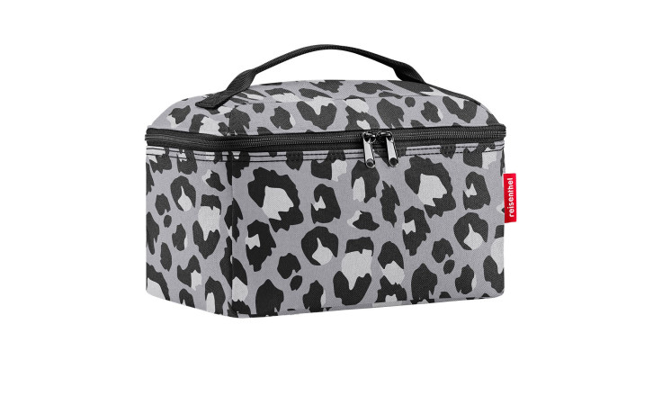 Graue und schwarze Reisenthel Kosmetiktasche Beautycase, Leopardenprint, aus recyceltem Polyester mit Griff und Reißverschluss.