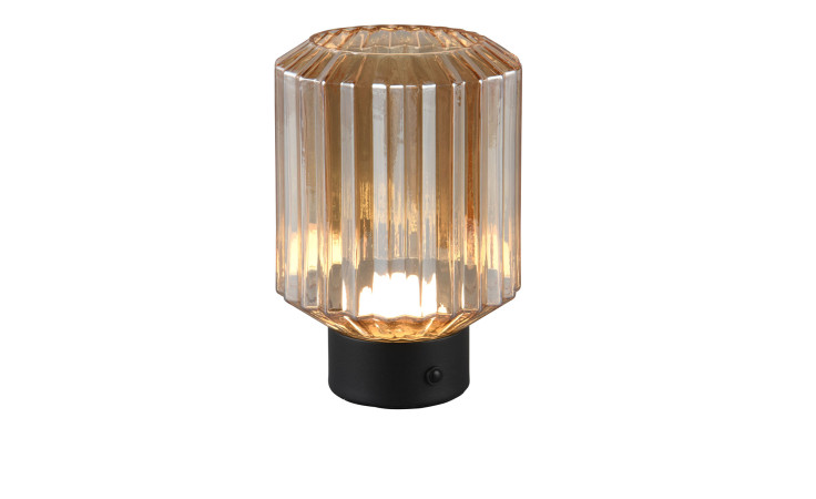 Die Akku-Tischleuchte Lord 19,5 cm ist eine Tischleuchte mit geripptem Glasschirm und schwarzem zylindrischen Fuß.