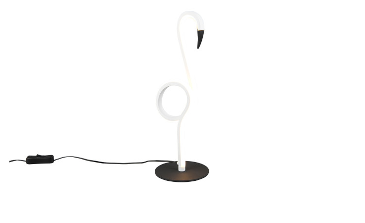 Die LED-Tischleuchte Ingo 35 cm ist eine moderne Schreibtischleuchte in Flamingoform in Weiß mit Metallelementen und einem schwarzen Sockel.