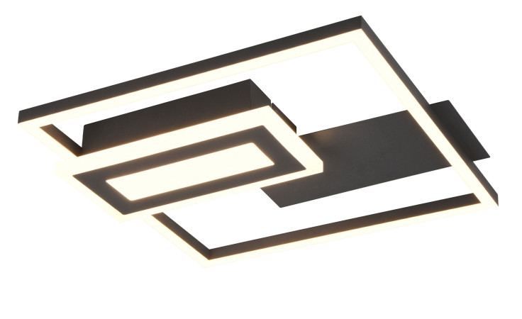 Moderne LED-Deckenleuchte Spiro 33 cm mit geometrischem schwarzem Metallrahmen und beleuchtetem quadratischem Design.