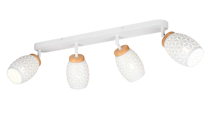 Der Reality Strahler Bidar 74 cm hat vier teilmontierte weiße holzfarbene Strahler auf einem weißen Sockel, variabel abgewinkelt.