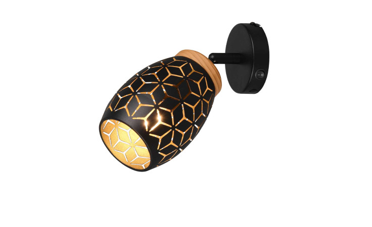 Die Strahler Bidar 12 cm von Reality ist eine schwarze Wandleuchte mit geometrischen Ausschnitten, die warmes, goldenes Licht ausstrahlen.