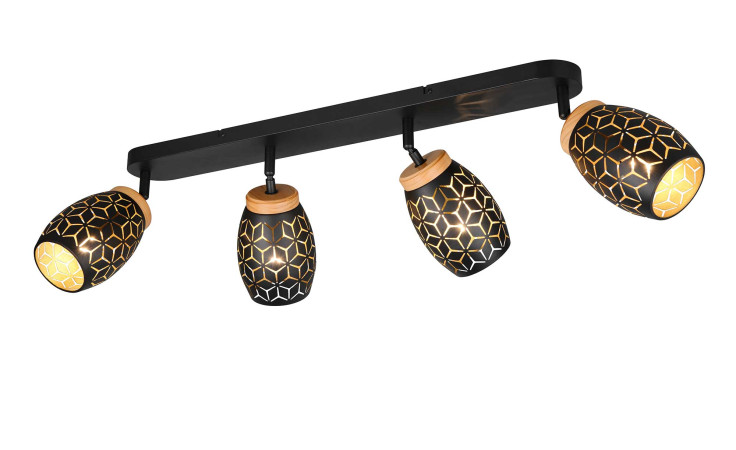 Die Reality Strahler Bidar 74 cm hat 4 Metallleuchten mit schwarz-goldenen geometrischen Schirmen, teilmontiert für eine einfache Installation.