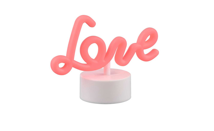 LED-Tischleuchte Amor von Reality: pinkes Neon-Love auf weißem Kunststoff, Leuchtmittel inkl., isoliert.