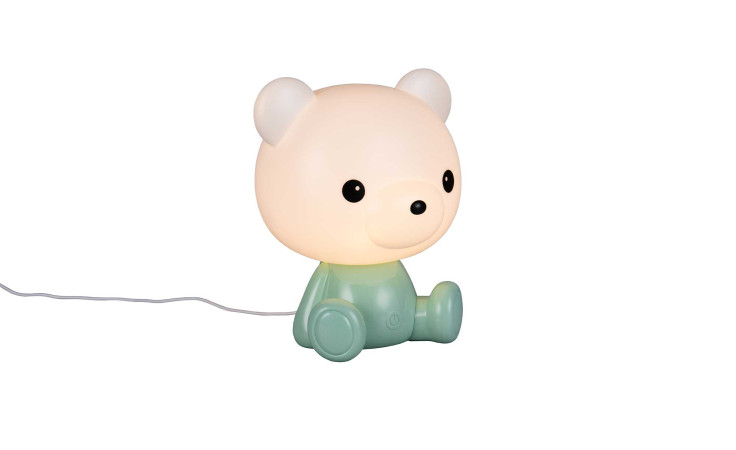 Die Reality LED-Tischleuchte Cutie ist eine bärenförmige Lampe mit einem leuchtenden weißen Kopf und einem grünen Körper.