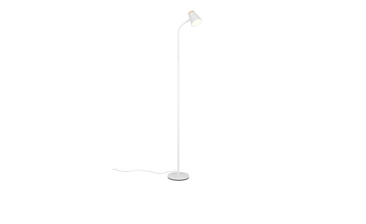 Minimalistische Reality LED-Stehleuchte Pongo 145 cm mit rundem Sockel, abgewinkelte Kunststofflampe, auf weißem Hintergrund.