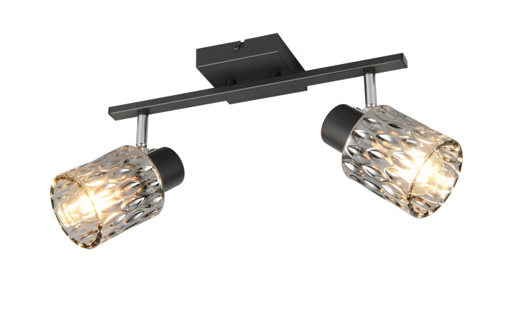 Die Reality Spot-Deckenleuchte Jack 37 cm verfügt über zwei Glasschirme auf einer schwarzen Stange und wird teilmontiert geliefert, um den Aufbau zu erleichtern.